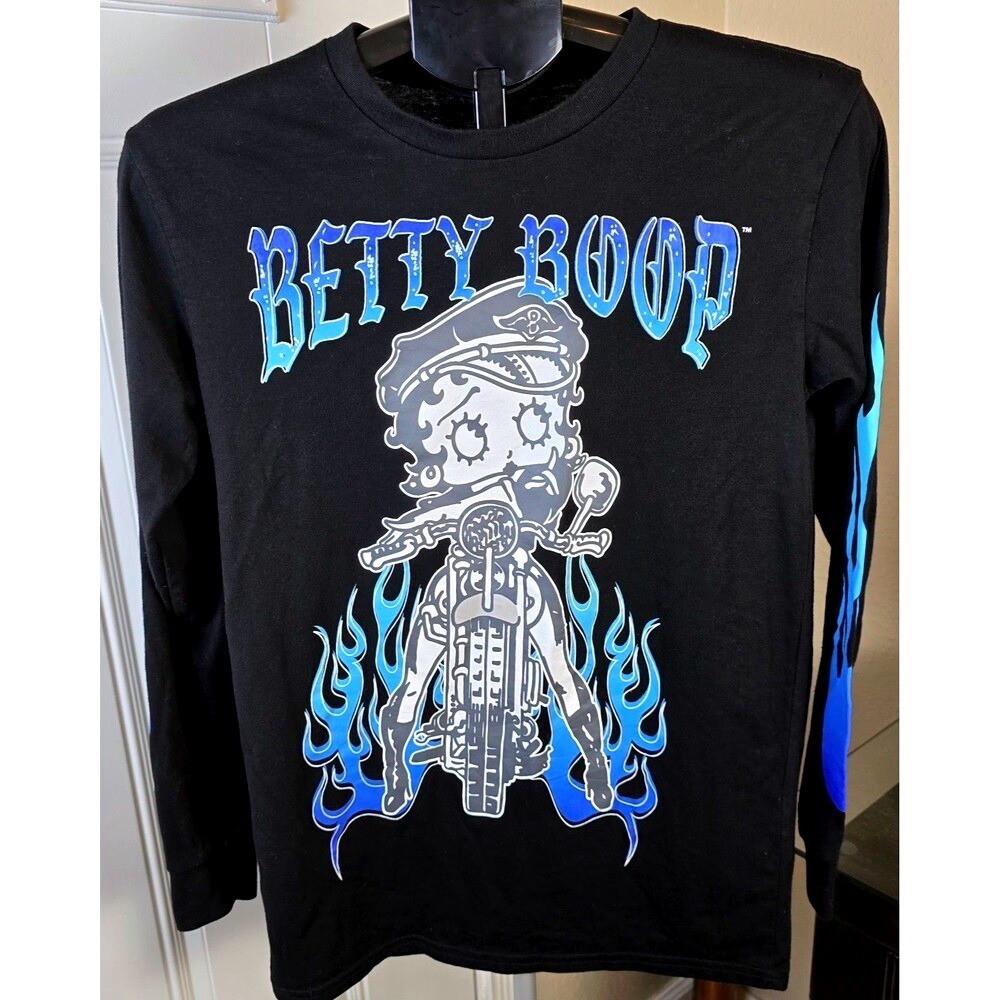 Betty Boop Biker Graphic T‎ Shirt Long Sleeve Mens Small Motorcycle Blue Flames